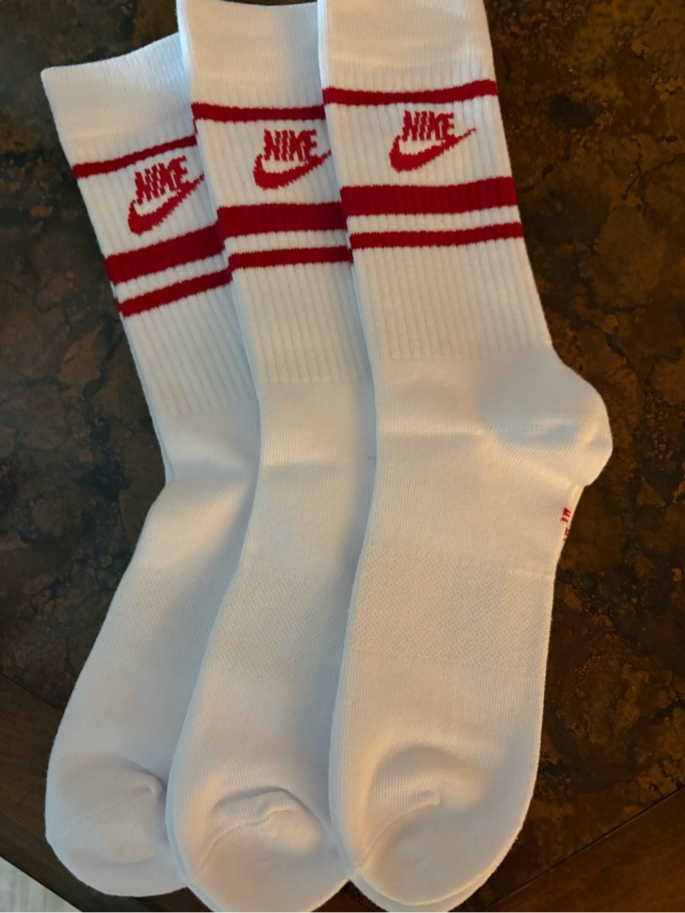 NWOT Nike White Crew Athletic Socks with Red Stripes and Logo - 3 Pack